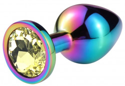 Разноцветная гладкая анальная пробка с желтым кристаллом - 7 см.