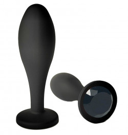 Черная анальная пробка с черным кристаллом - 7,7 см.