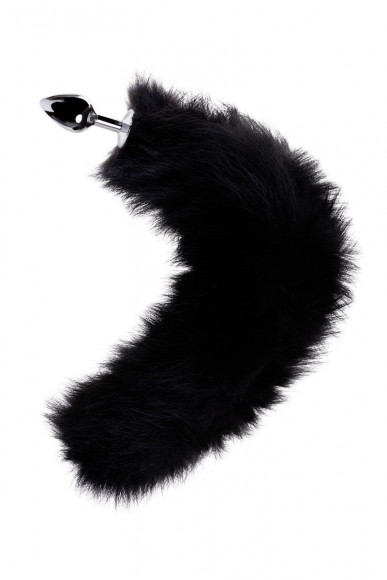 Большая серебристая металлическая анальная втулка с черным лисьим хвостом