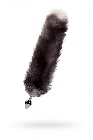 Большая серебристая металлическая анальная втулка с хвостом-чернобуркой