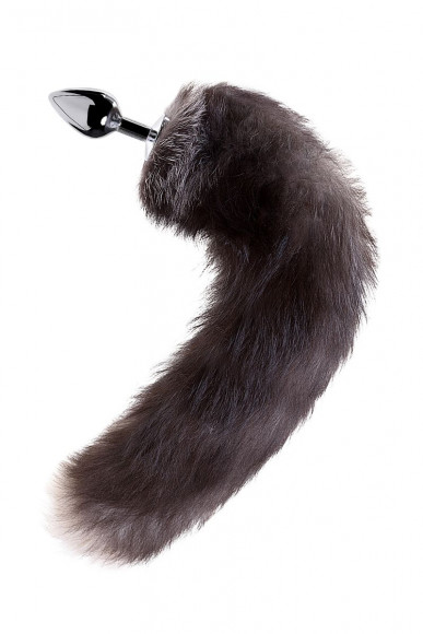 Большая серебристая металлическая анальная втулка с хвостом-чернобуркой