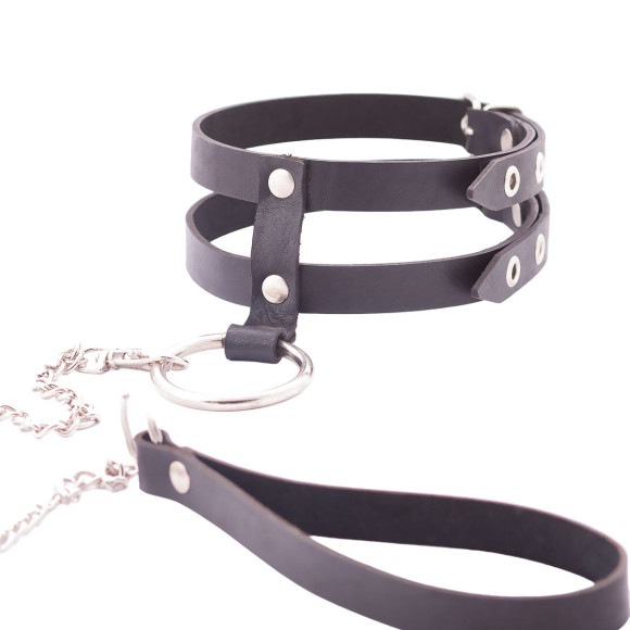 Черный однослойный ошейник из двух ремешков с поводком Черный однослойный ошейник из двух ремешков с поводком