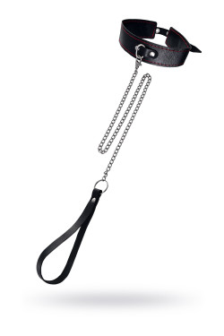 Кожаный двухслойный ошейник с красной строчкой и поводком