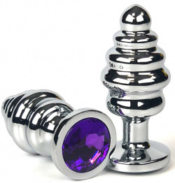 Серебристая анальная пробка с фиолетовым кристаллом - 8 см.