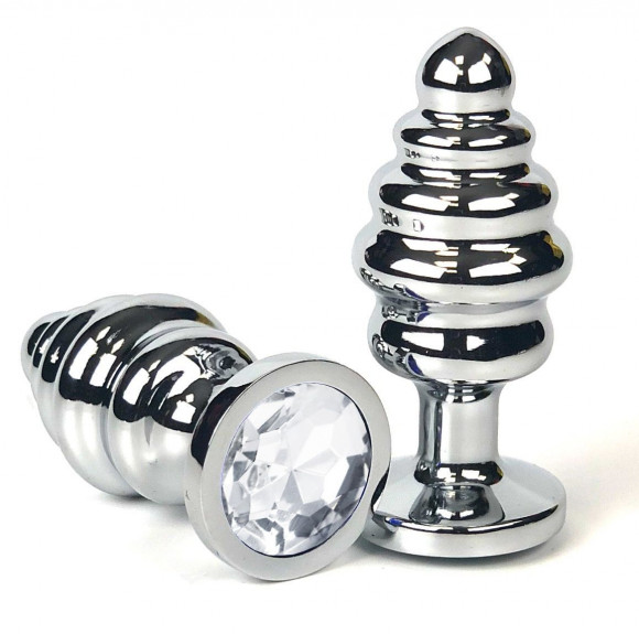 Серебристая ребристая анальная пробка с прозрачным кристаллом - 7 см.