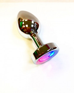 Серебристая гладкая анальная пробка со светодиодным кристаллом - 8,8 см.