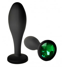 Черная анальная пробка с зеленым кристаллом - 9,5 см.