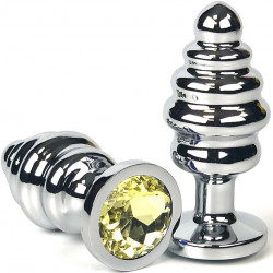 Серебристая ребристая анальная пробка с желтым кристаллом - 7 см.