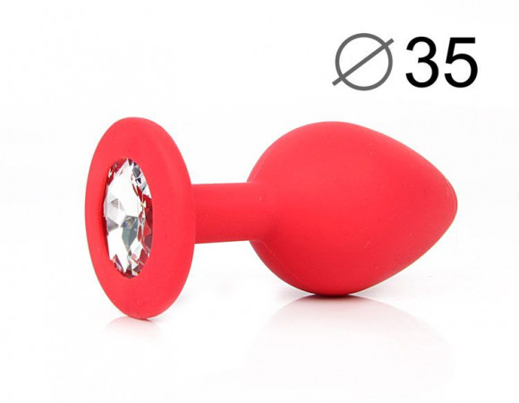 Красная конусовидная анальная пробка с прозрачным кристаллом - 8 см.