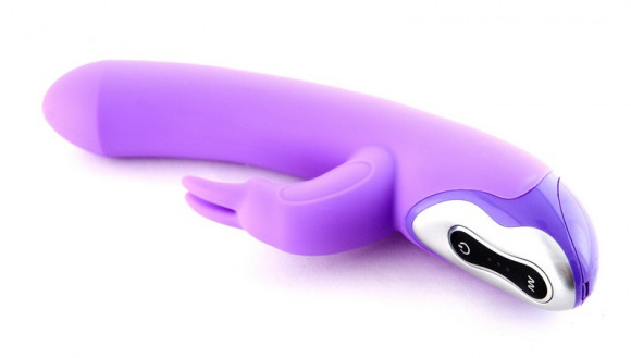 Фиолетовый вибратор с клиторальным стимулятором TRI RABBIT - 20 см.
