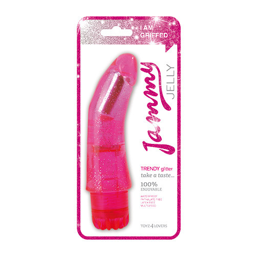 Розовый вибратор с загнутым кончиком VIBRATOR JAMMY JELLY TRENDY GLITTER - 20,5 см.