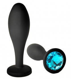Черная анальная пробка с голубым кристаллом - 9,5 см.