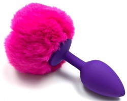 Фиолетовая силиконовая анальная пробка с розовым хвостиком зайки