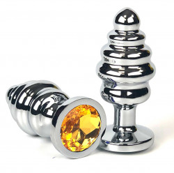 Серебристая ребристая анальная пробка с оранжевым кристаллом - 8 см.