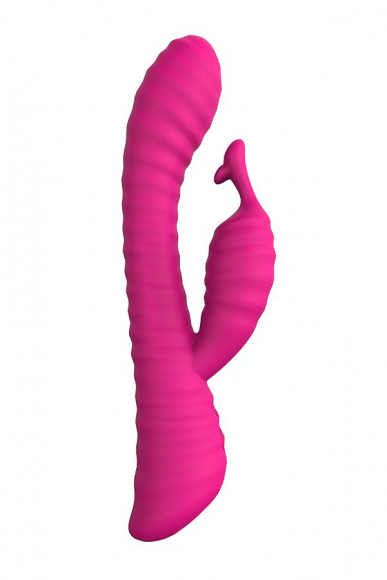 Розовый ребристый вибратор с клиторальным стимулятором S-HANDE Moonlight - 21,1 см.