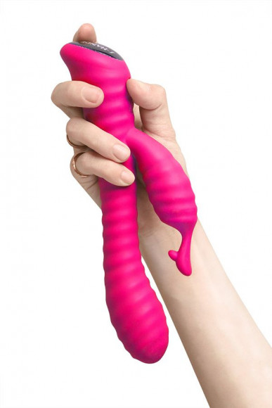 Розовый ребристый вибратор с клиторальным стимулятором S-HANDE Moonlight - 21,1 см.