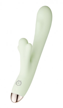 Салатовый вибратор Maccia H с клиторальным отростком и подогревом - 22 см.