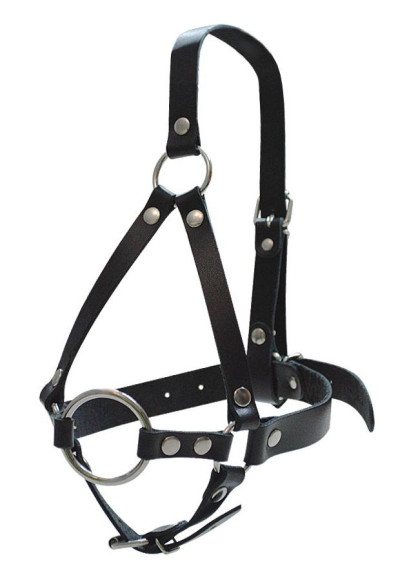 Кляп-рамка со сбруей на голову из черных кожаных ремешков Кляп-рамка со сбруей на голову из черных кожаных ремешков