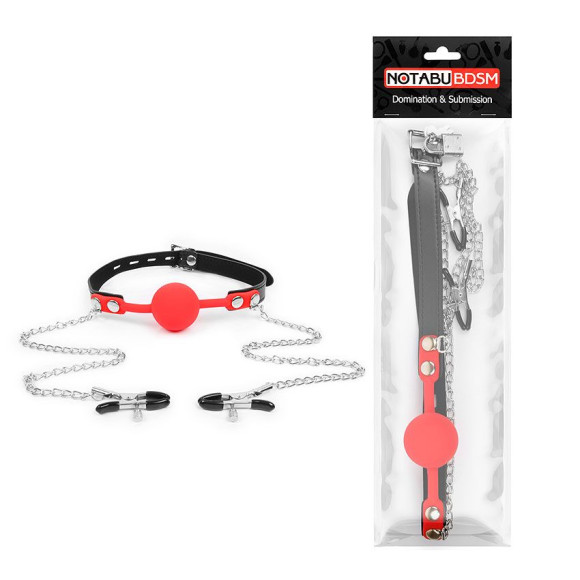 Красный кляп-шарик с зажимами на соски на металлической цепочке Красный кляп-шарик с зажимами на соски на металлической цепочке