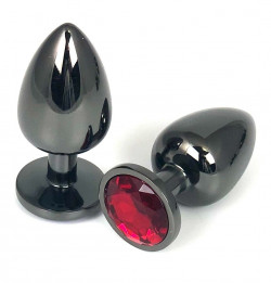 Черная металлическая анальная пробка с красным стразом - 9 см.