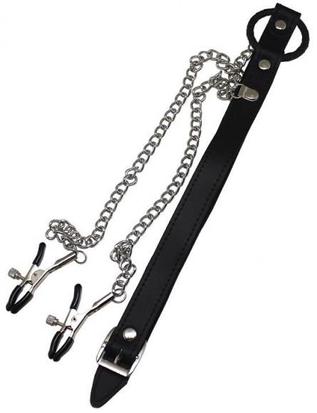 Черный кляп-кольцо с серебристым зажимами для сосков