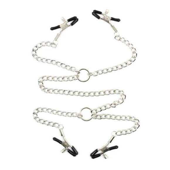 Серебристые зажимы для сосков и половых губ на тонкой цепочке Серебристые зажимы для сосков и половых губ на тонкой цепочке