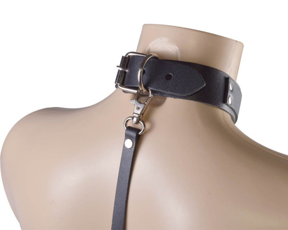 Черный ошейник с металлическими зажимами на соски и поводком Черный ошейник с металлическими зажимами на соски и поводком