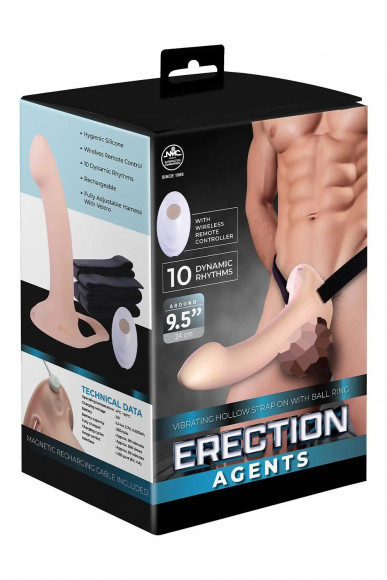 Телесный полый страпон с вибрацией Erection Agents - 24,1 см.