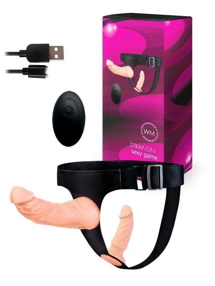 Женский страпон с 2 насадками, вибрацией и пультом ДУ Женский страпон с 2 насадками, вибрацией и пультом ДУ