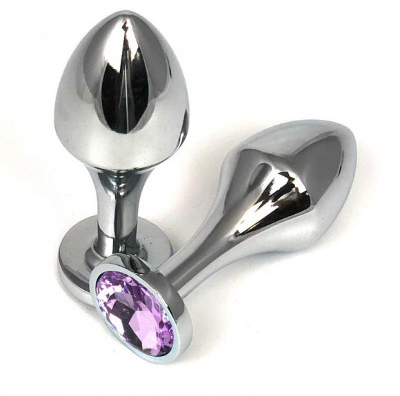 Серебристая анальная пробка на удлиненной ножке с сиреневым кристаллом - 9 см.