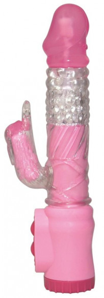 Розовый вибратор Vibrating Rabbit с клиторальным зайчиком - 22 см.