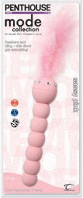 Розовый вибромассажер с пушистым пером - 14 см.