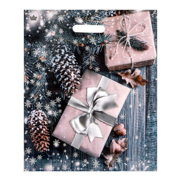 Новогодний пакет с принтом в виде подарков и вырубной ручкой (45х38 см) Новогодний пакет с принтом в виде подарков и вырубной ручкой (45х38 см)