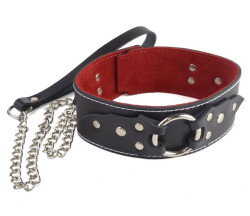 Чёрный кожаный ошейник с красной изнанкой и поводком Чёрный кожаный ошейник с красной изнанкой и поводком