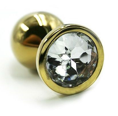 Золотистая алюминиевая анальная пробка с прозрачным кристаллом - 8,4 см.