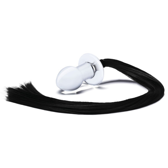 Стеклянная анальная пробка с черным конским хвостом Стеклянная анальная пробка с черным конским хвостом