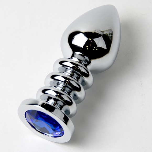 Большая серебристая анальная пробка с синим кристаллом - 10 см.