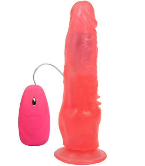 Розовый гелевый вибромассажер на присоске с проводным пультом - 17,8 см. Розовый гелевый вибромассажер на присоске с проводным пультом - 17,8 см.