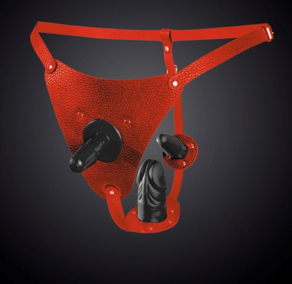 Красные кожаные трусики со штырьком и двумя съёмными стимуляторами Красные кожаные трусики со штырьком и двумя съёмными стимуляторами