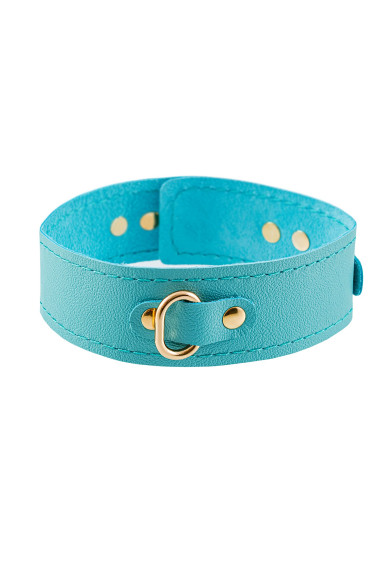 Голубой кожаный однослойный ошейник с прошивкой