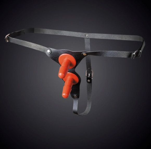 Чёрные кожаные трусики с двумя штырьками для насадок Чёрные кожаные трусики с двумя штырьками для насадок