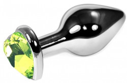 Серебристая коническая анальная пробка с лаймовым кристаллом-сердцем - 9 см.