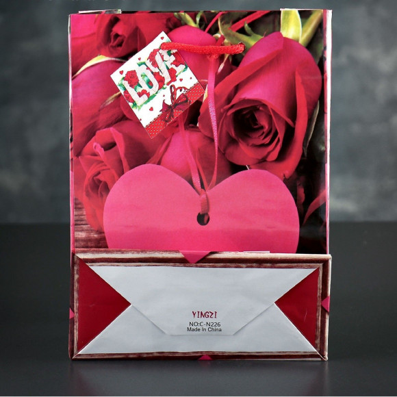 Подарочный пакет Love с розочками и сердечками - 23 х 18 см.